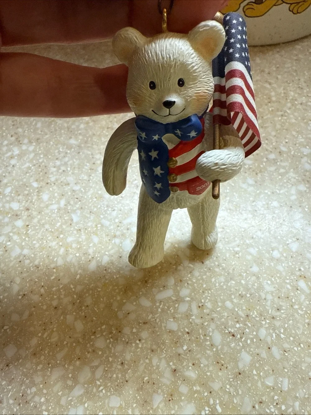 Patriotic Bear with Flag Christmas July 4th ornament in Red, White & Blue 2001